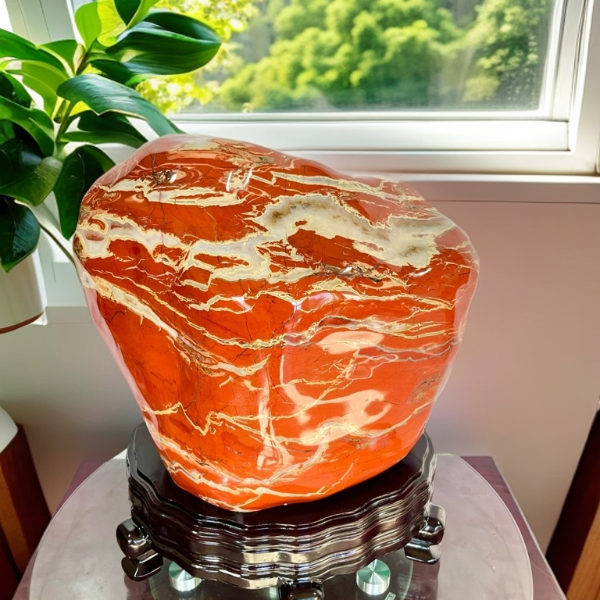 长芹缘奇石、南非鸡血红碧玉、摆件新中式茶室办公室书房玄关博古架