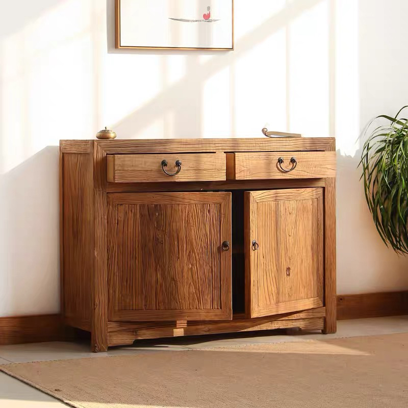 老榆木门板餐边柜收纳柜餐厅实木储物柜原木风轻奢靠墙柜子抽屉柜