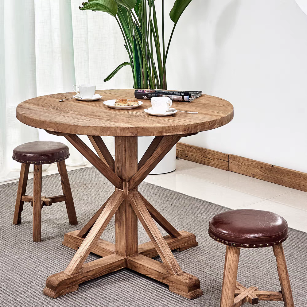 老榆木大圆桌新中式实木餐桌家用饭桌定制饭店酒店咖啡厅家具桌椅