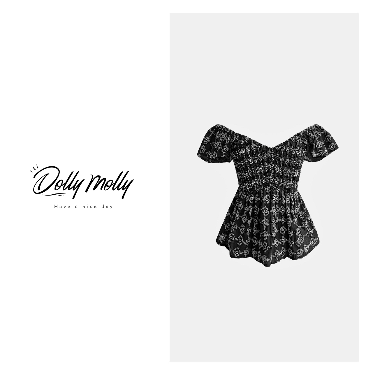 DOLLY&MOLLY法式黑色花刺绣一字肩夏季时尚显瘦气质复古尤莱特175