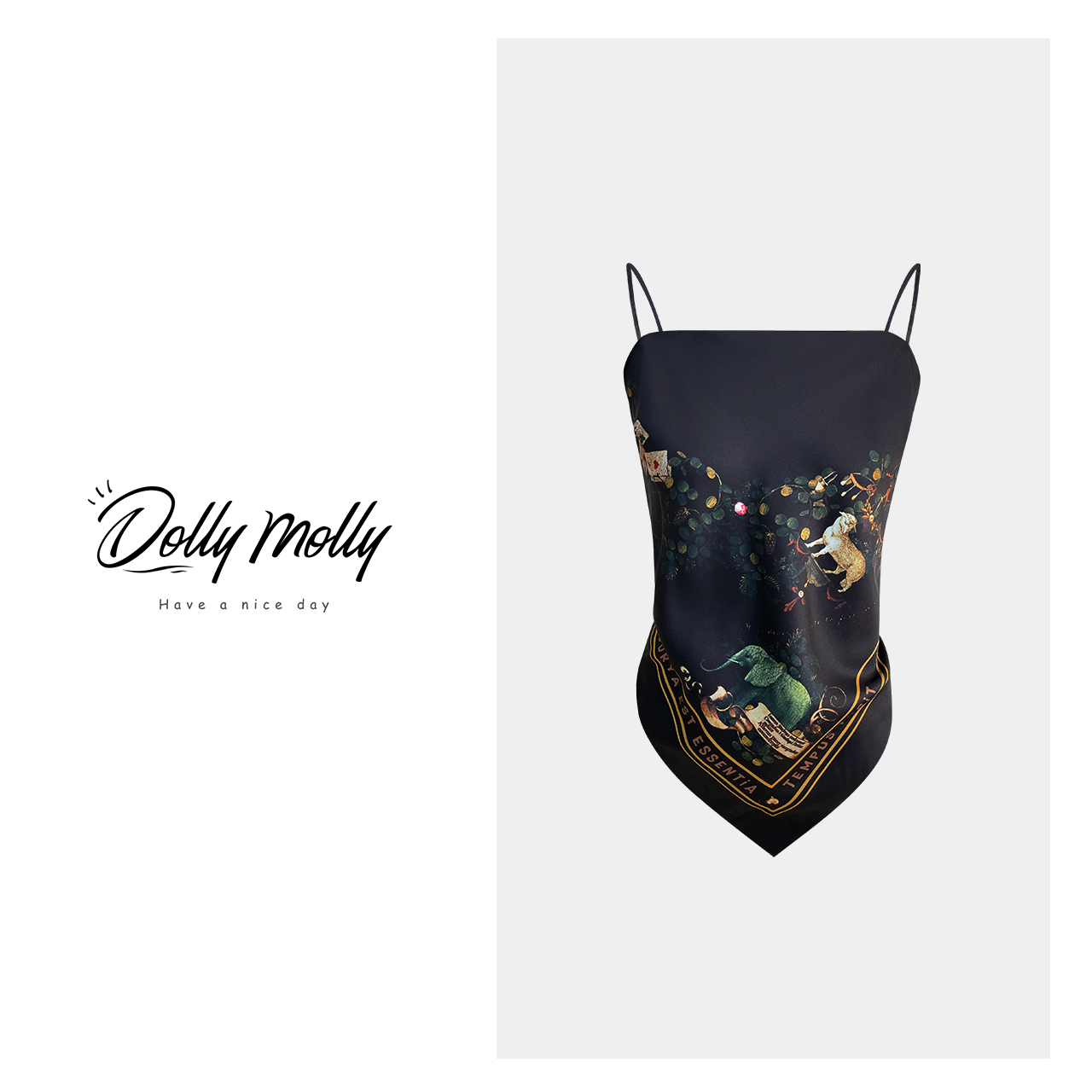 DOLLY&MOLLY复古黑色大象肚兜吊带背心夏秋时尚女装小众度假 074