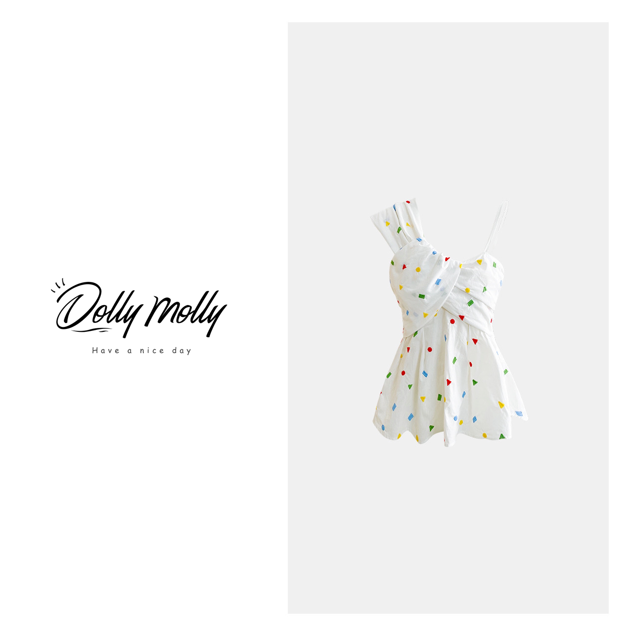 DOLLY&MOLLY白色刺绣彩几何吊带斜肩上衣背心夏秋穿搭时尚洋气181