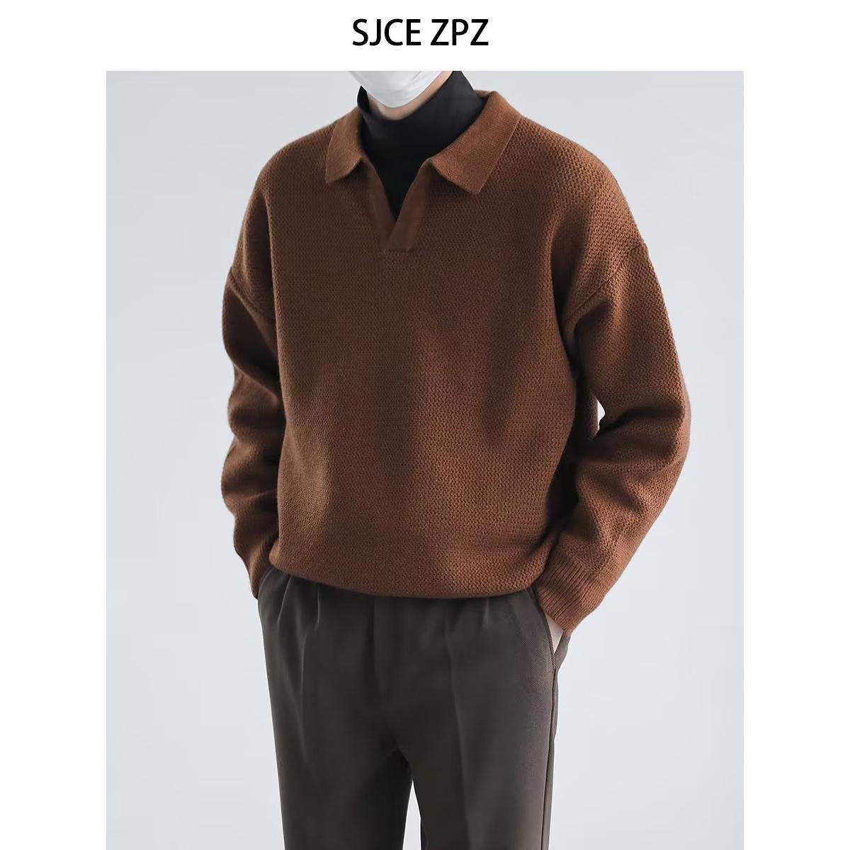 轻熟风领针织长袖恤男韩版宽松翻领纯色毛衣休闲套头打底衫