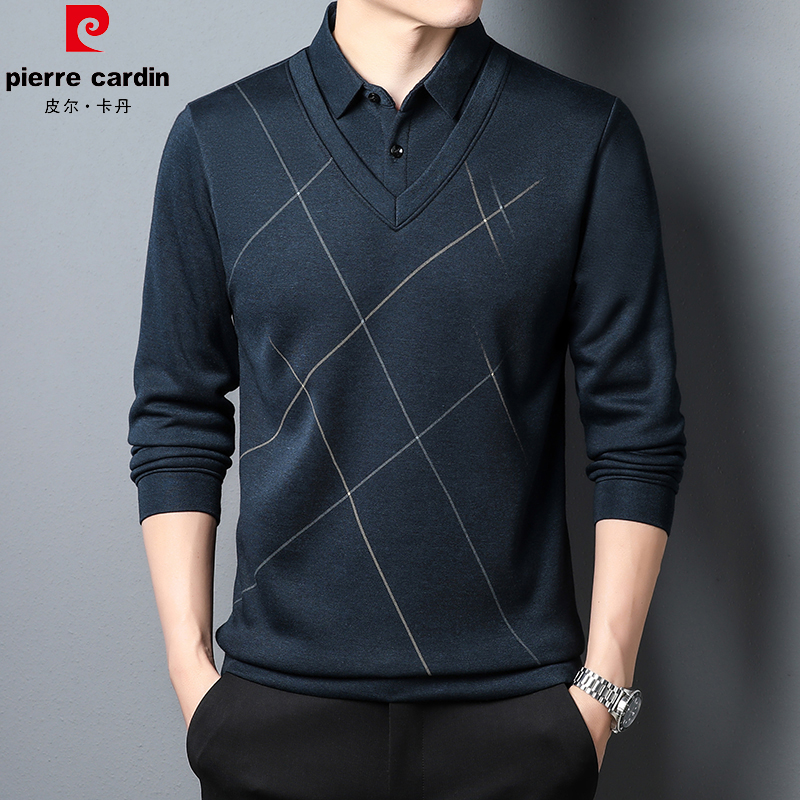 皮尔卡丹男士针织衫翻领爸爸装假两件保暖休闲舒适长袖秋冬爆款
