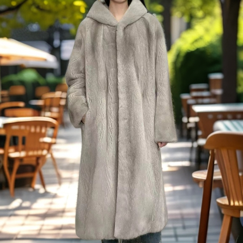 秋冬时尚纯色水貂带帽防风束口袖百搭休闲女款长款外套1044
