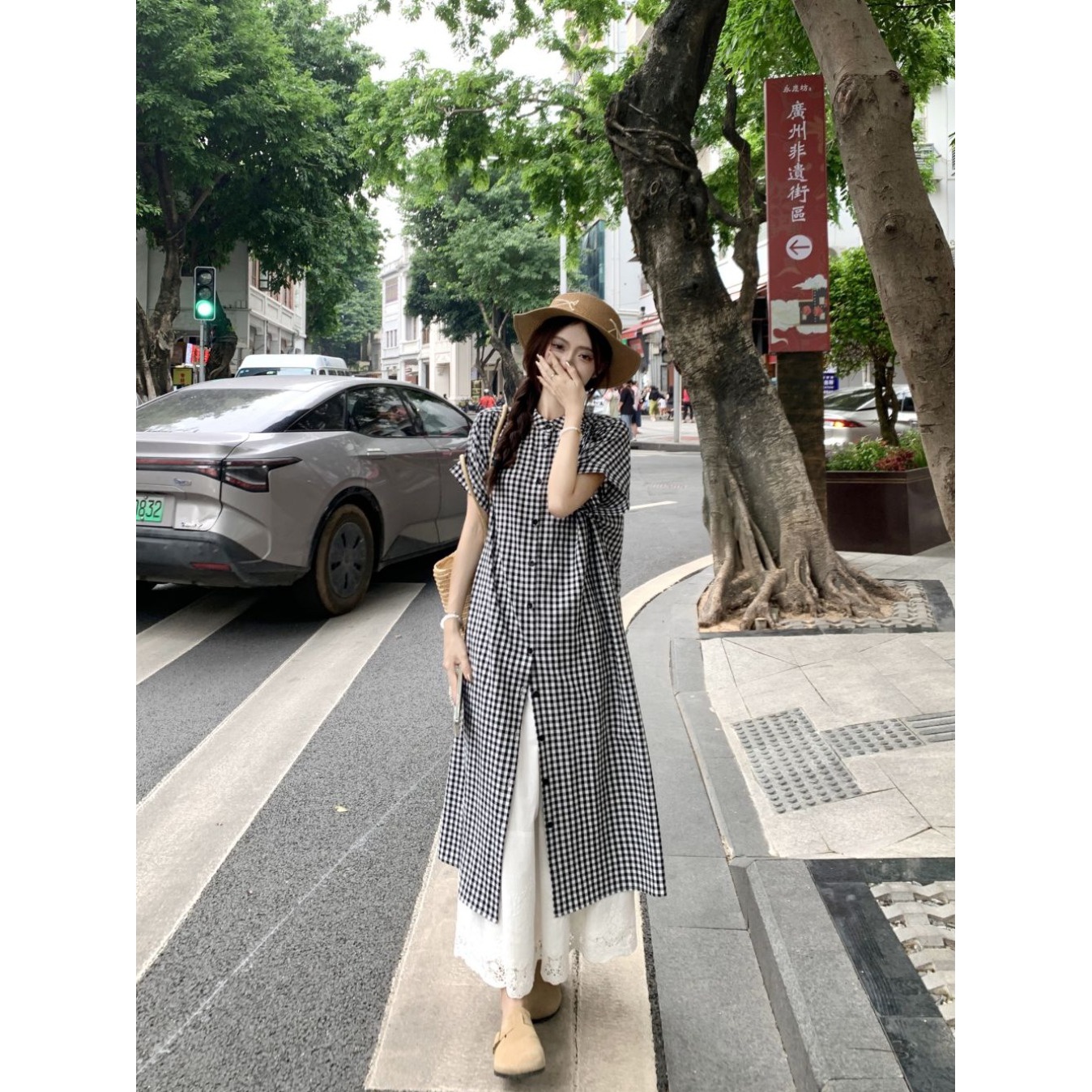 韩系小众设计黑白格子衬衫短袖连衣裙女夏季新款宽松显瘦叠穿裙子