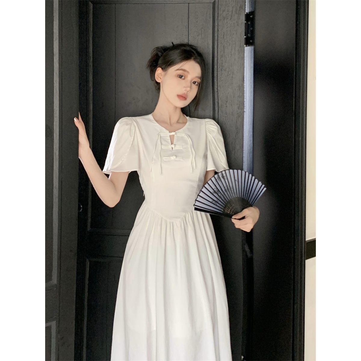2024夏季新中式国风盘扣改良流苏短袖连衣裙女时尚百搭收腰长裙子