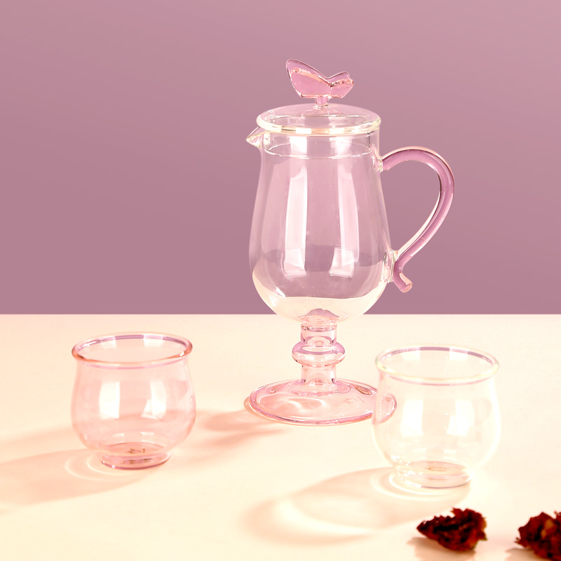 明尚德耐热玻璃蝶恋双栖套装杯网红情侣粉色带盖透明珐琅彩炫彩