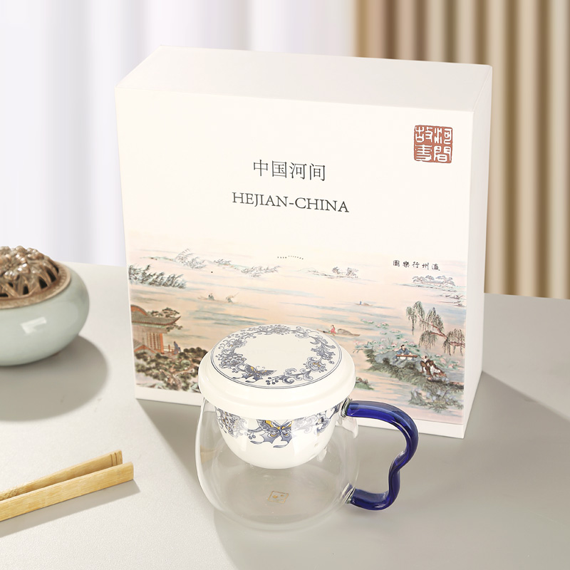 明尚德尚德瀛艺蝴蝶自来三件泡茶杯高硼硅玻璃情侣家用过滤大容量