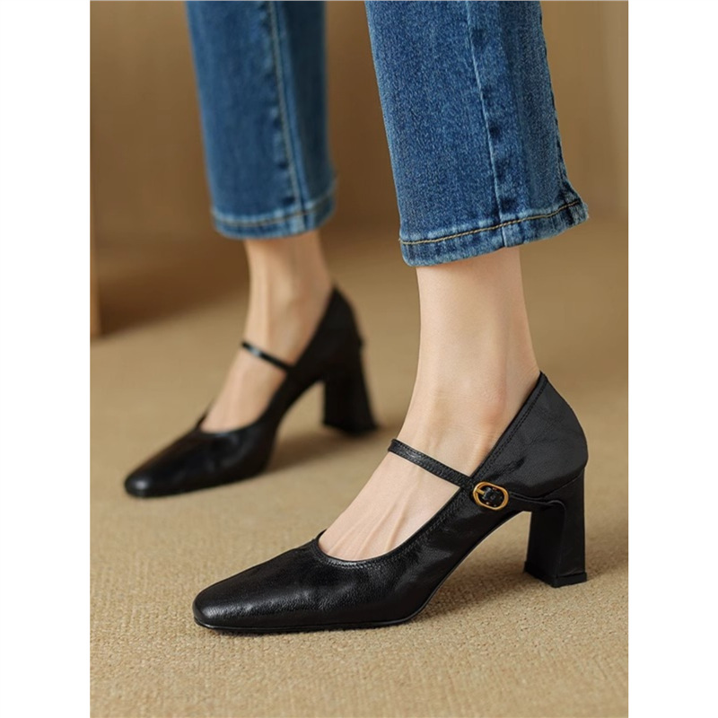 真皮法式复古方头高跟鞋2025新款春夏简约风一字带玛丽珍鞋女单鞋