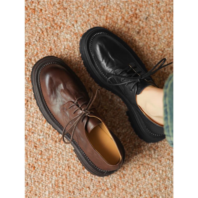 水洗头层羊皮复古英伦风小皮鞋女系带厚底乐福鞋软面真皮女鞋子