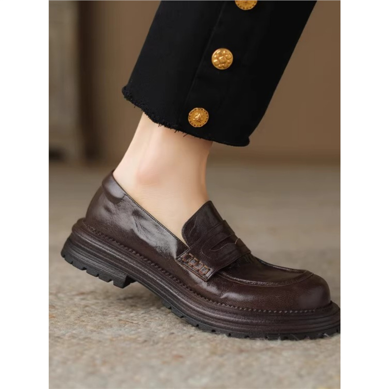 法式英伦风水洗牛皮厚底平底单鞋女2024秋冬新款小皮鞋加绒乐福鞋