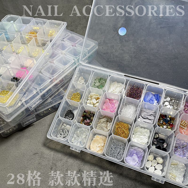 28格盒混装网红美甲饰品平底珍珠贝壳金箔纸立体指甲钻指甲装饰品
