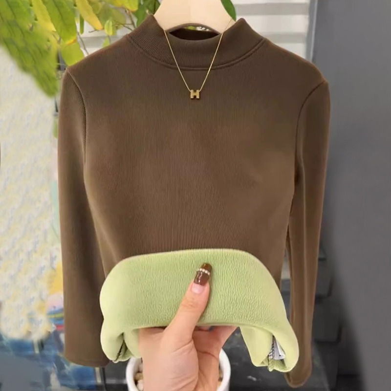 加绒加厚奥粒绒通勤半高领打底衫螺纹修身显瘦百搭保暖内搭上衣女