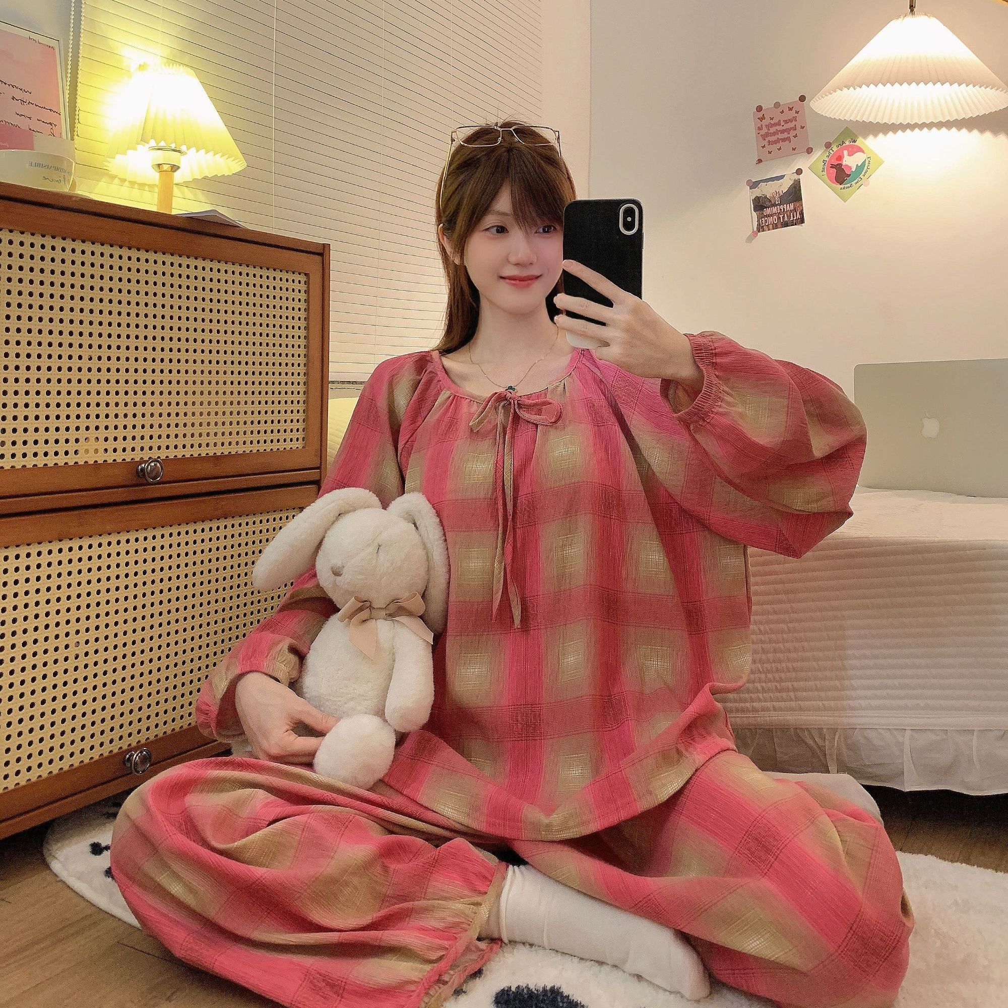 炸姐新款玫粉佳人睡衣女春秋季家居服休闲宽松带胸垫可外穿套装