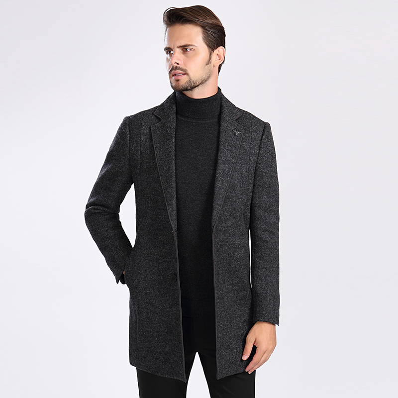 羊毛大衣男外套中长款西服领纯色便西灰色加厚DW821