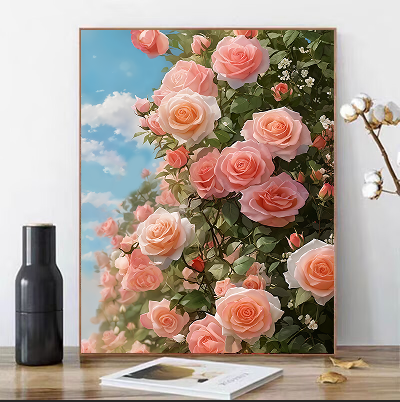 FL003粉红花卉玫瑰花装饰画餐厅画晶瓷镶钻装饰画床头画电表箱画