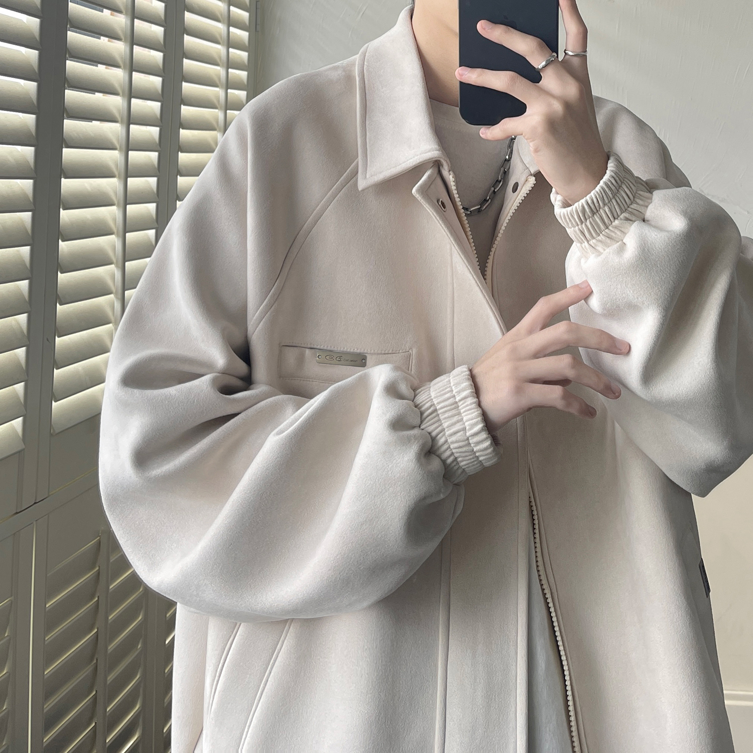 仿麂皮绒外套男款春秋季oversize美式复古青少年百搭休闲情侣夹克