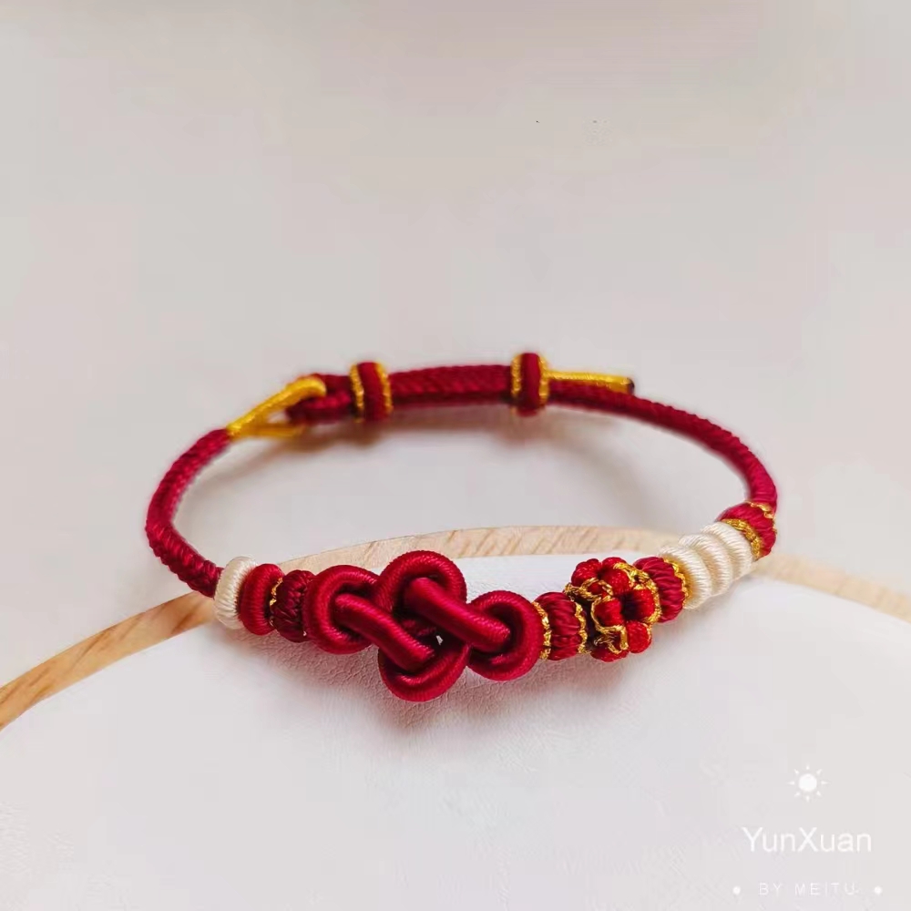 非金属布艺手链 手工编织桃花如意结半成品手绳本命年穿珠红手链