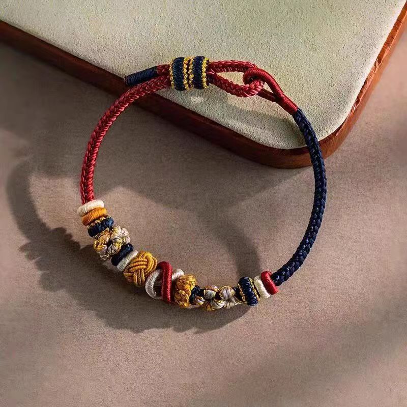 非金属布艺手链 国潮风手工编织桃花手绳可穿珠配饰本命年红绳