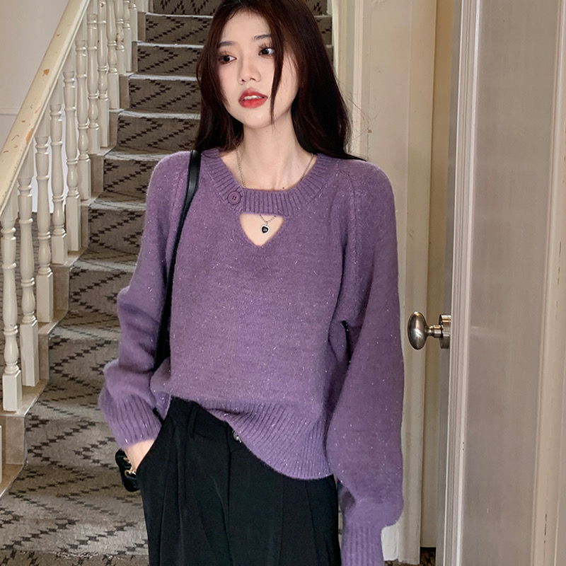 设计感小众紫色加厚毛衣女秋冬小心机内搭宽松短款打底针织衫上衣