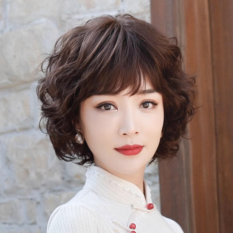假发头套短卷发全真人发丝全发套洋气女短发中老年妈妈羊毛卷时尚