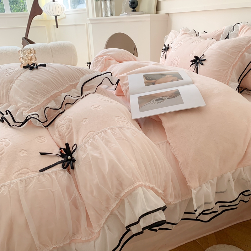 公主风加厚床上四件套牛奶绒冬季保暖蕾丝花边被套学生宿舍三件套