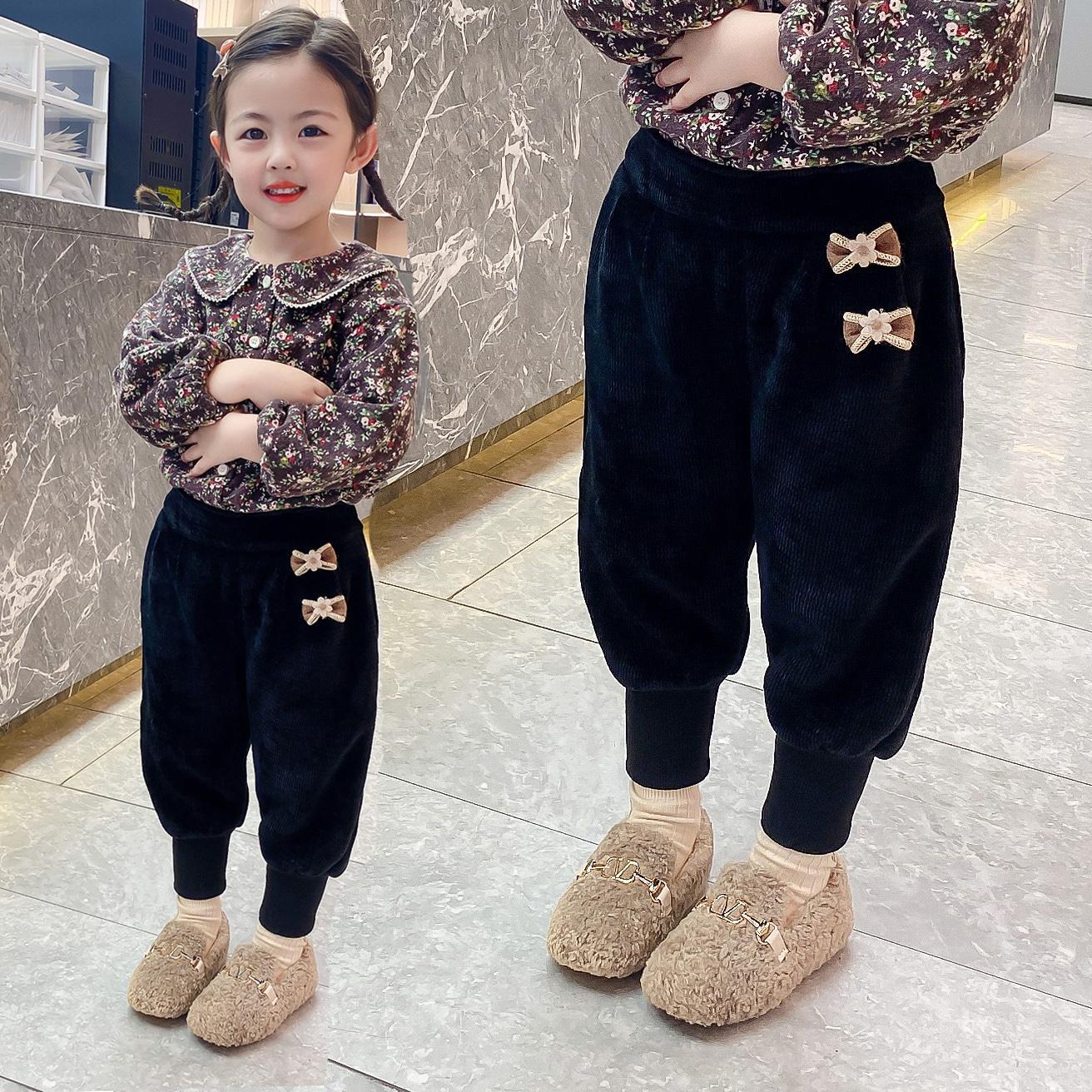 女童加绒加厚裤子秋冬外穿宽松宝宝3—8岁雪尼尔小童特厚保暖棉裤