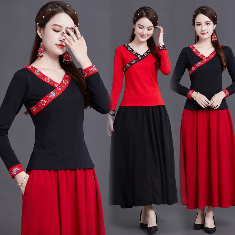 新款秋冬新款民族风女装上衣刺绣复古中国风V领长袖打底衫女棉