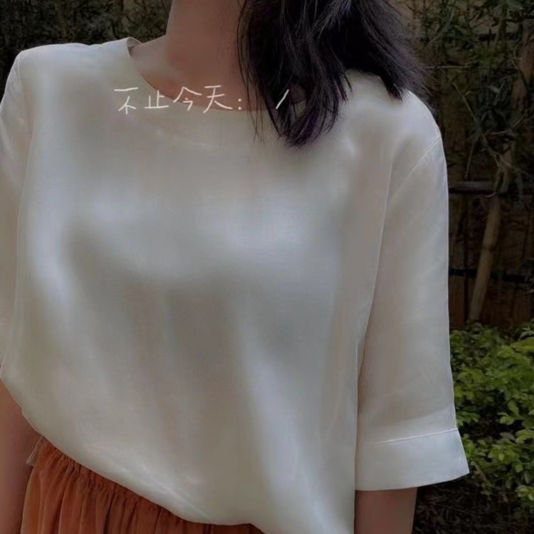 宽松短款铜氨丝上衣2024夏季新款简约短袖女T恤显瘦重磅真丝女装