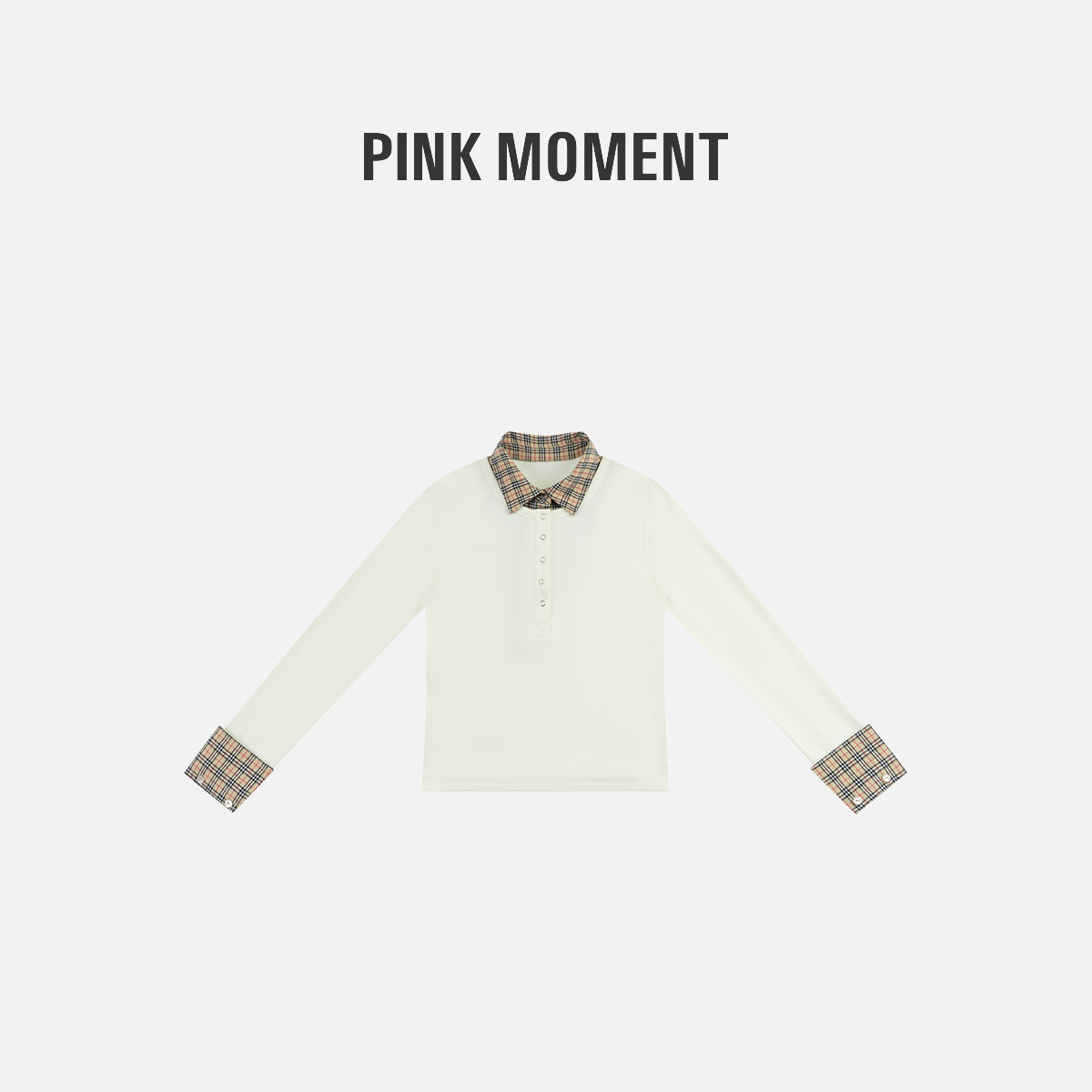 PM “学院格纹” 米白色拼接格子领长袖 NC1D0543