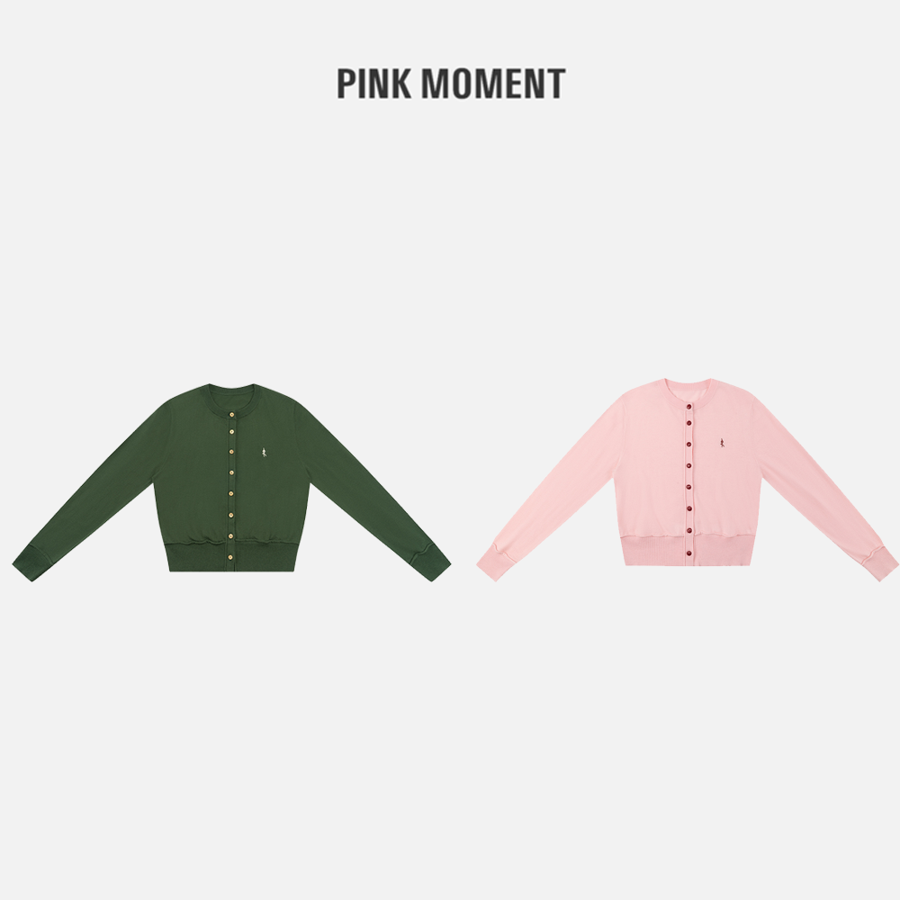 PM "甜心少女" 粉色/墨绿色 简约撞色扣子针织开衫 NC1C0310