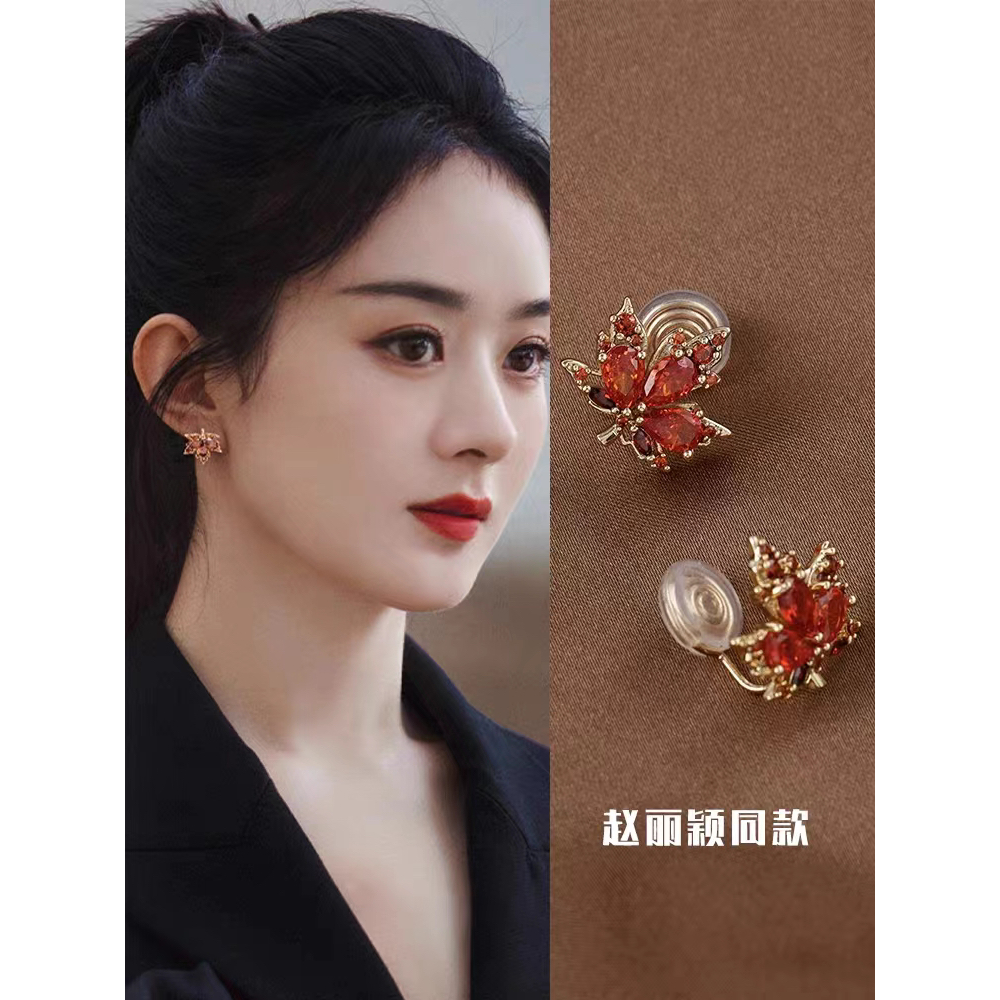 铜合金耳饰 赵丽颖同款红色枫叶爆款高级感法式复古耳饰