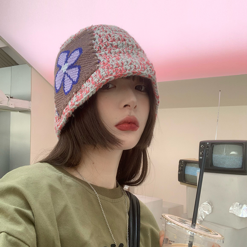 复古手工编织毛线渔夫帽女秋冬时尚圆脸显瘦针织帽冬季保暖水桶帽