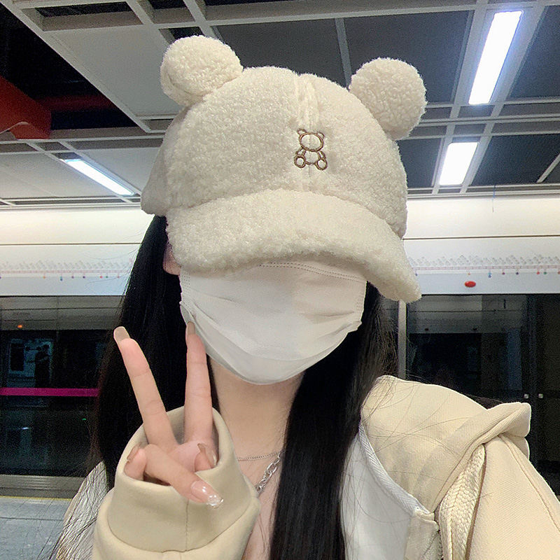 日系刺绣可爱小熊耳朵棒球帽女秋冬季网红羊羔毛绒保暖百搭鸭舌帽