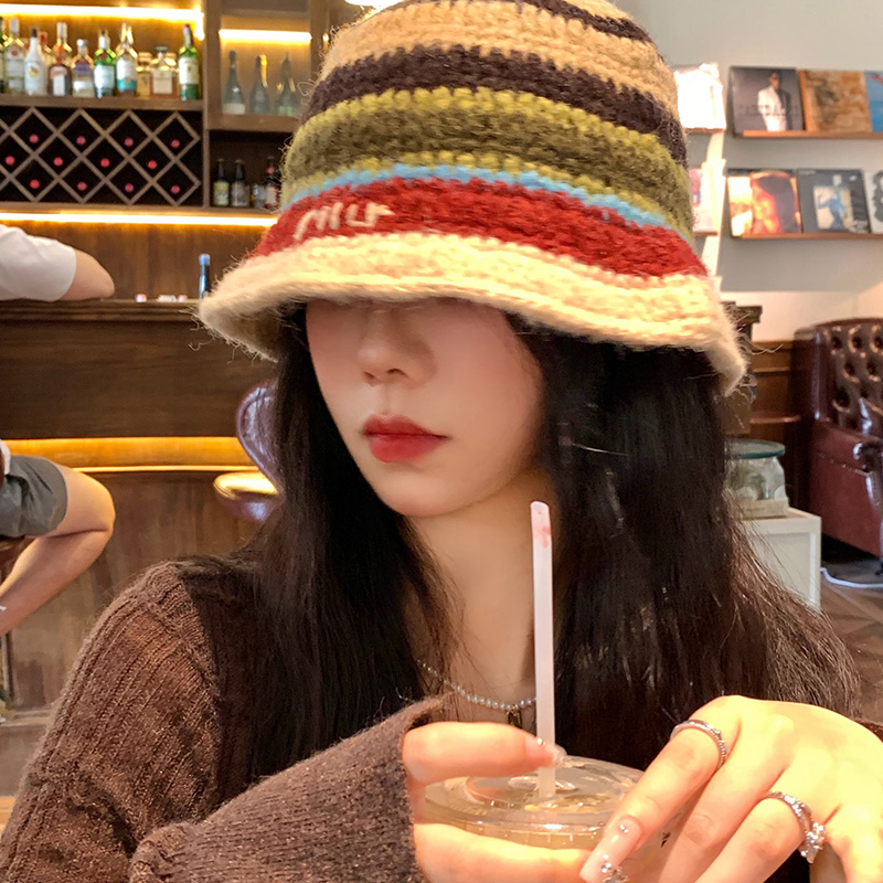 彩色条纹针织渔夫帽女春秋款多巴胺韩版显脸小盆帽日系大头围帽子