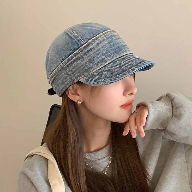 软檐牛仔鸭舌帽女显脸小复古水洗做旧渔夫帽子可折叠遮阳马术帽潮