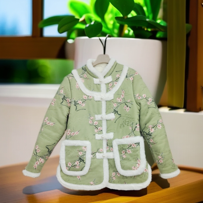 2024冬季保暖复古麂皮绒国风花棉袄。直襟，加绒加厚中国风小花袄