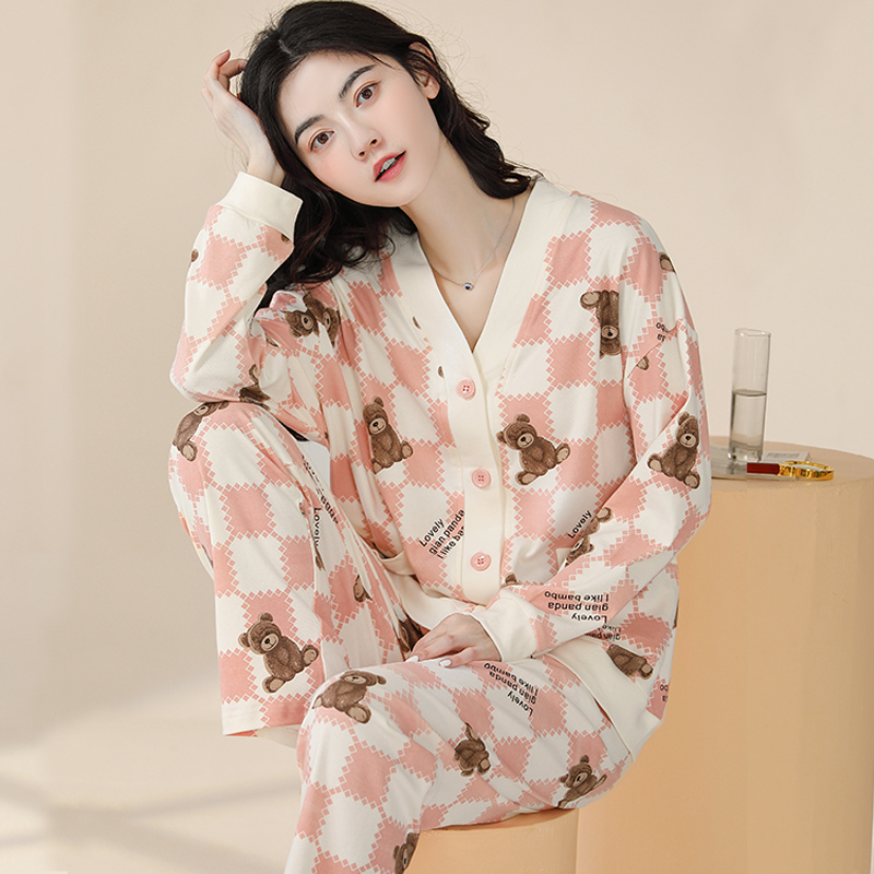 100%纯棉加厚款和服春秋季女秋冬季对襟简约宽松长袖V领家居服套