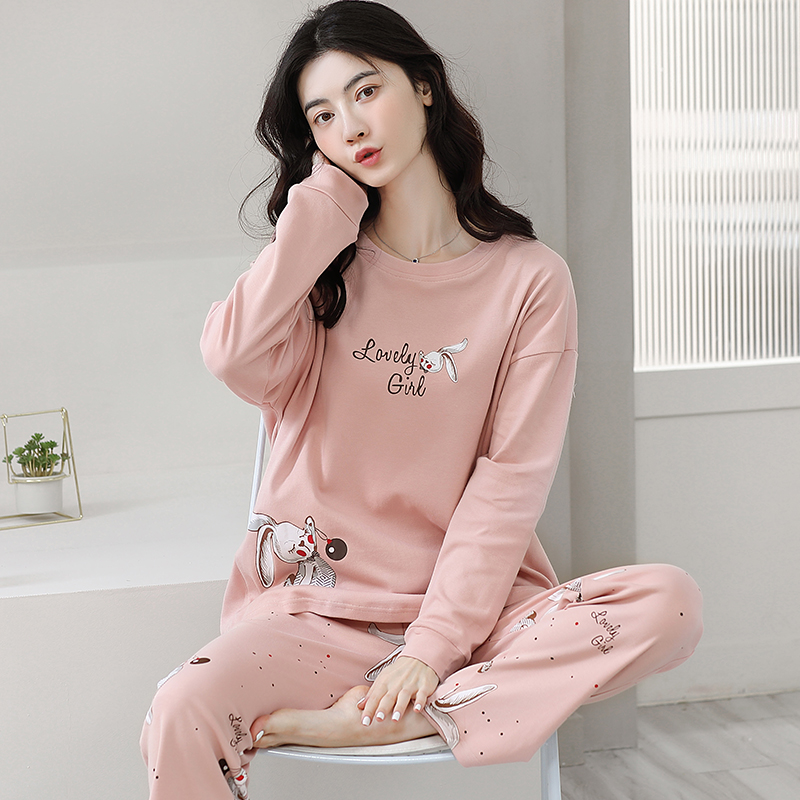 100%纯棉长袖睡衣女秋冬季加厚可外穿学生韩版甜美卡通全棉套装