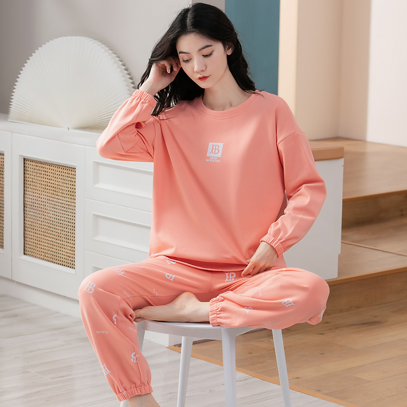 100%纯棉加厚长袖睡衣女秋冬季休闲套头女睡衣外穿舒适家居服套装
