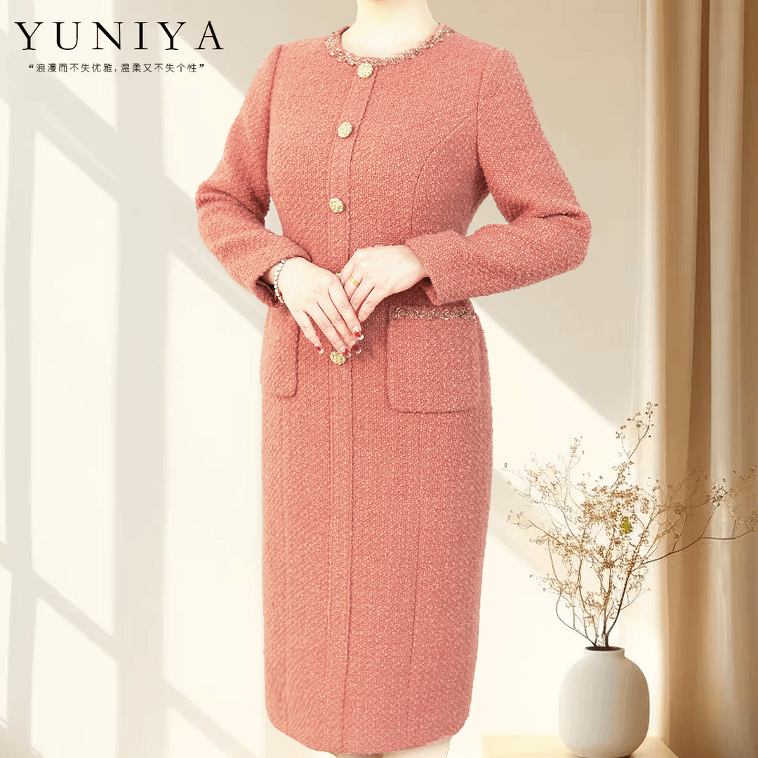 高端羊毛呢小香风金丝连衣裙冬季保暖时尚洋气妈妈连衣裙气质2814