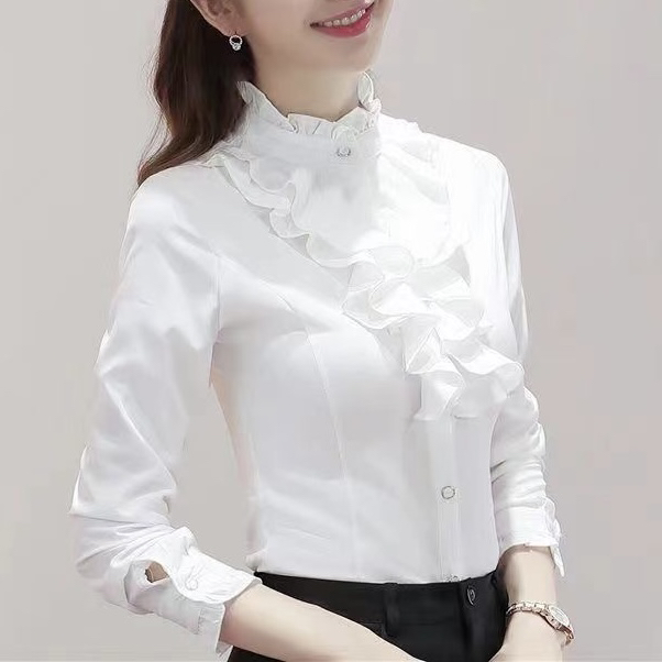 气质时尚上衣韩版女士立领长袖衬衫OL职业装修身打底衫荷叶边衬衣