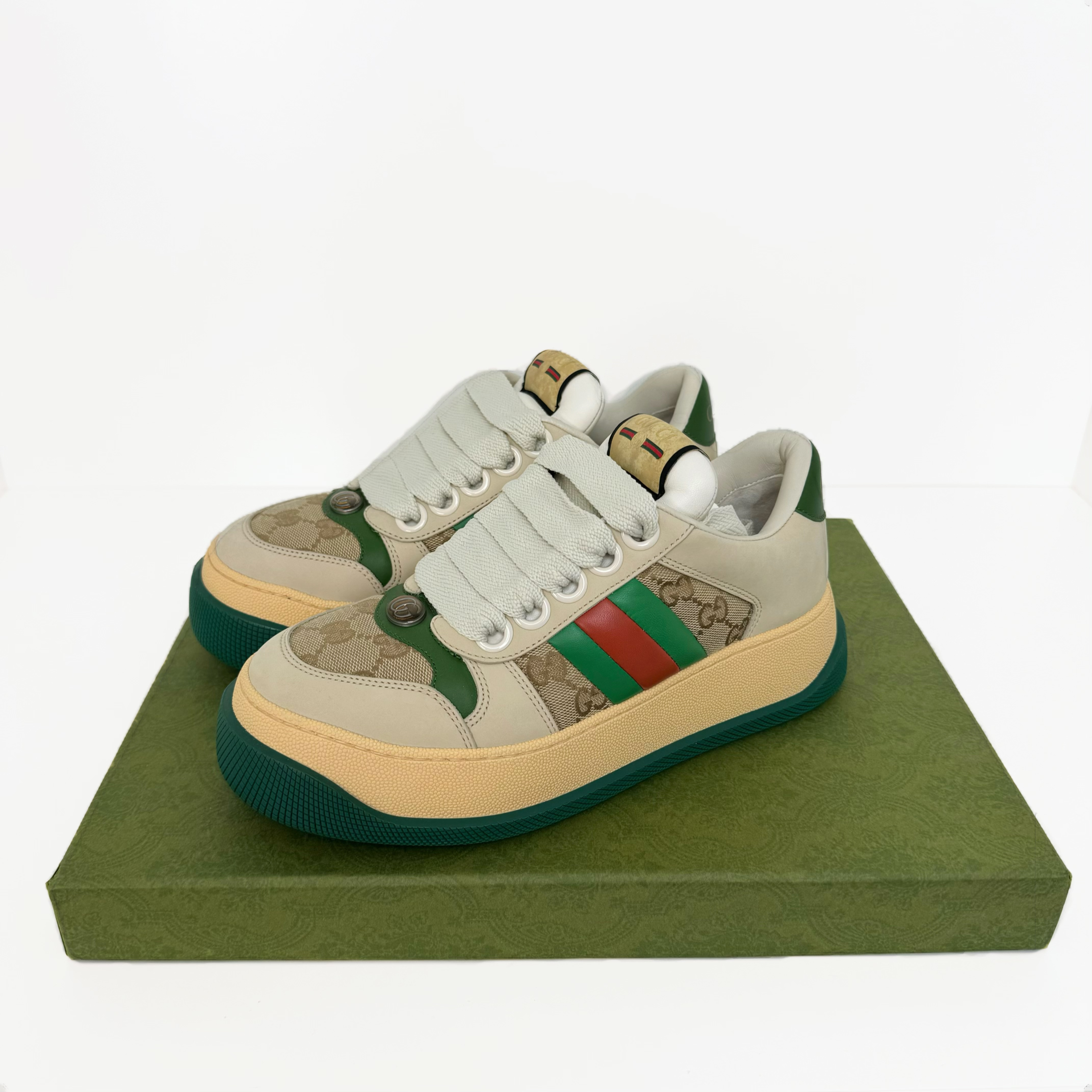 未使用 GUCCI/古驰 满印logo绿色厚底小胖丁鞋 男女同款