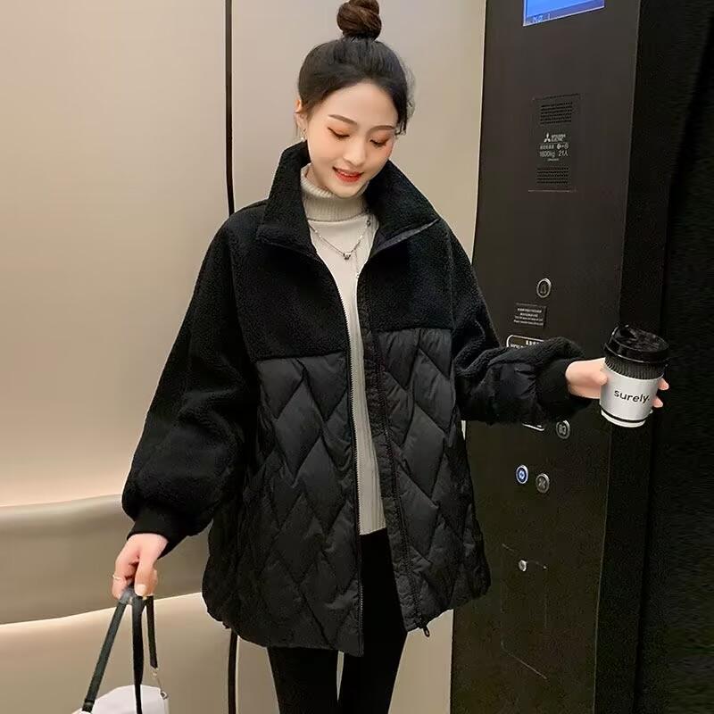 2024年新款女冬装大码棉衣宽松显瘦立领加厚高端拼接外套女