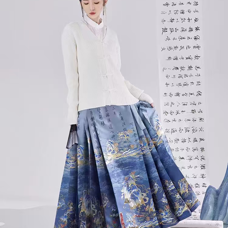 【风华古卫】千里江山马面裙日常印花百褶B12001