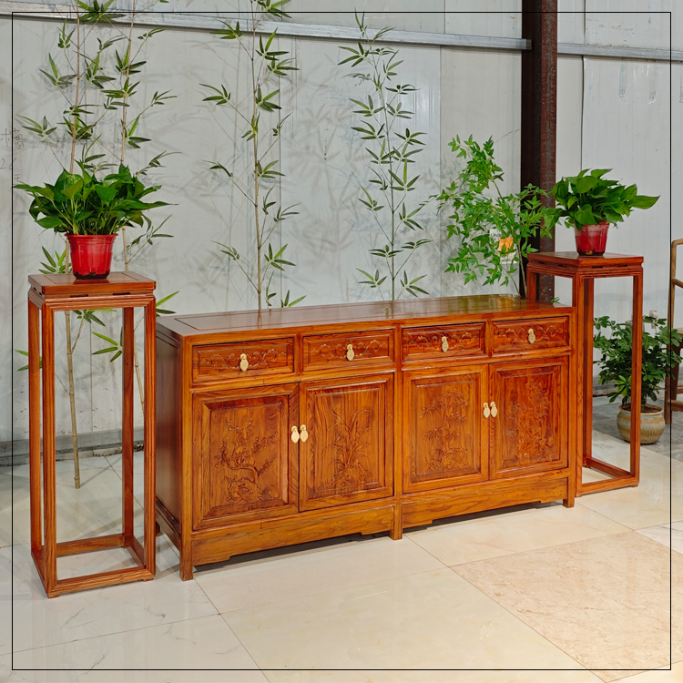 桂委古家新中式四屉四门餐边柜梅兰竹菊雕花电视柜客厅多功能边柜