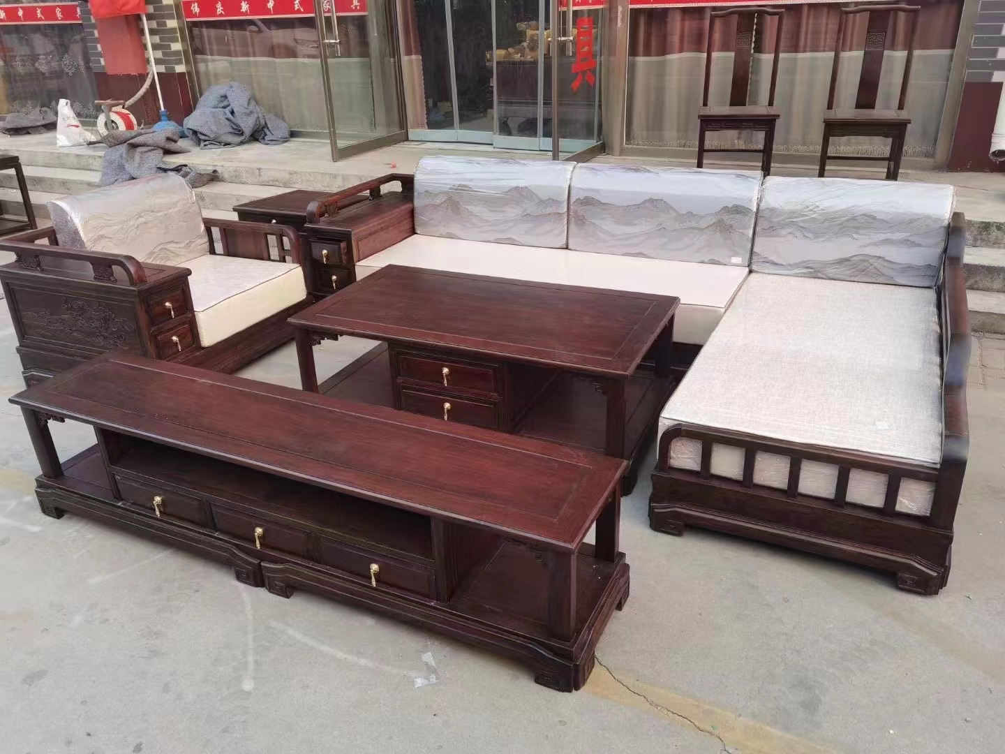 新中式老榆木实木拐角沙发茶几电视柜整套