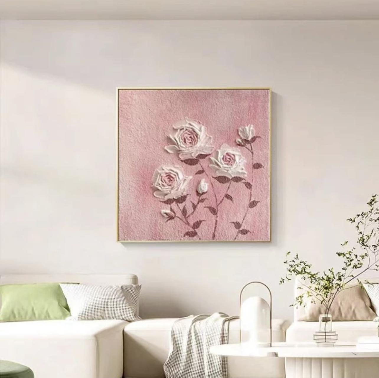 浪漫玫瑰高端砂岩肌理高级感装饰画挂画手工装裱叠加纹理防水客厅