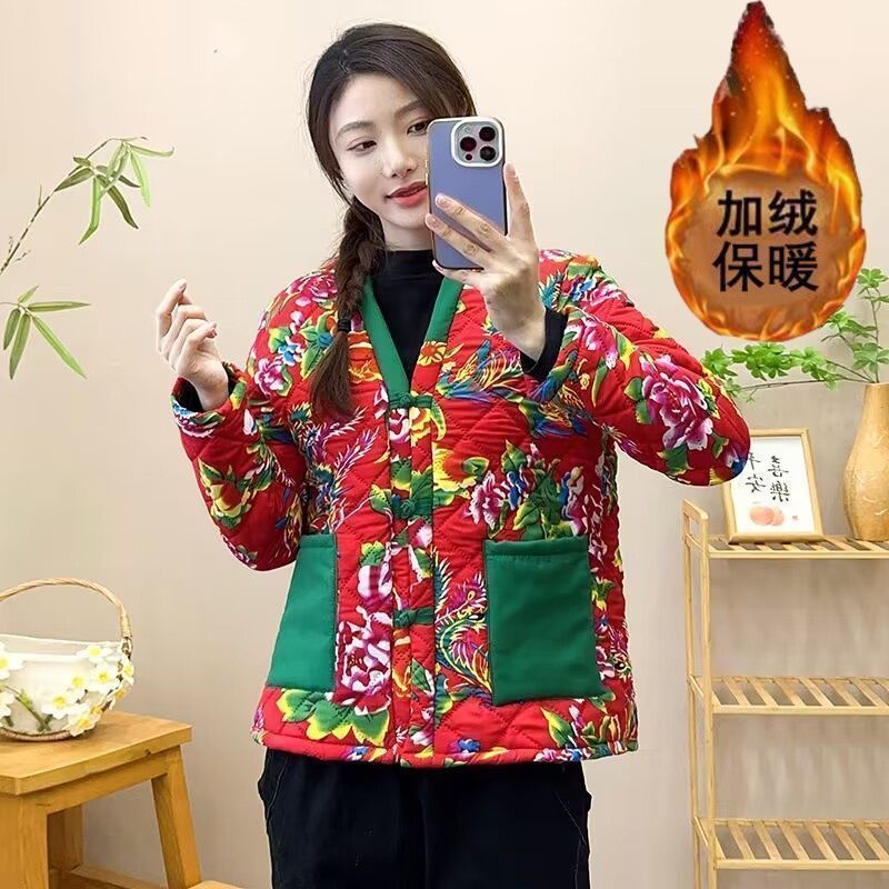 加绒保暖中国风棉衣女冬季新款网红复古棉服上衣外套大码加厚棉袄